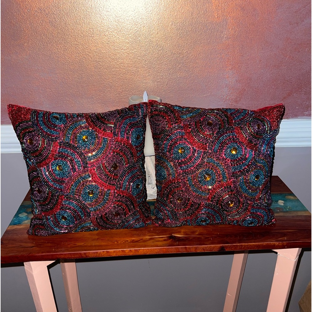 EUC (2) Pier 1 Jewel Toned beaded Pillows